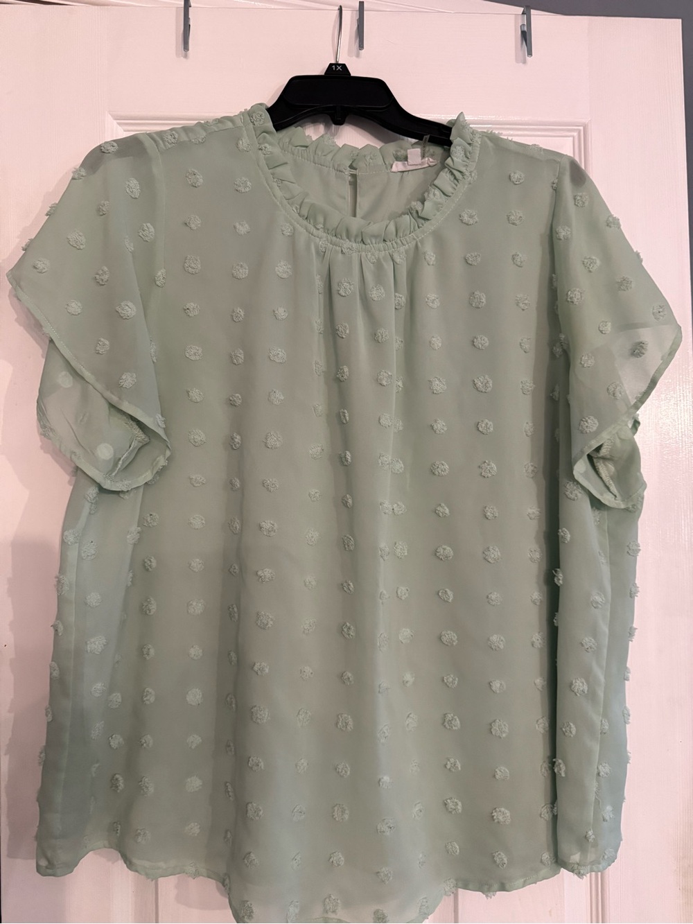 Women's Mint Swiss Dot Ruffle Neck Blouse